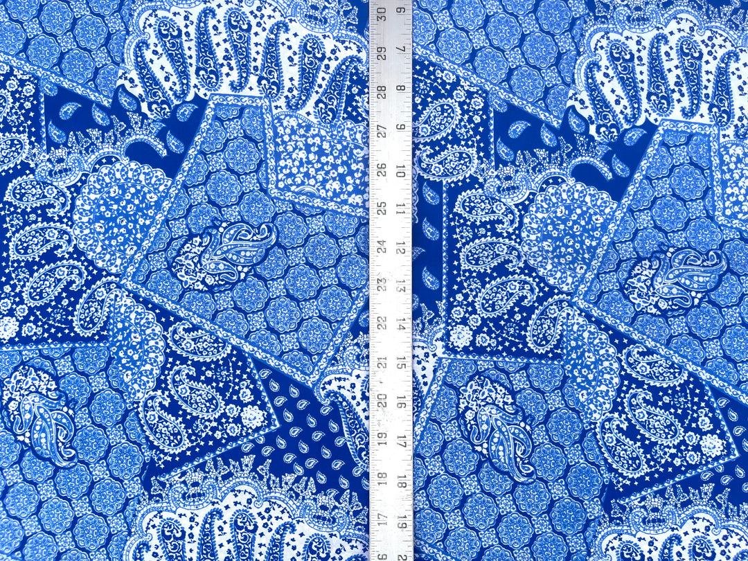 Georgette  Fabric By The Yard - Royal Blue Bandana Paisley Print