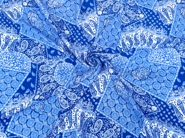 Georgette  Fabric By The Yard - Royal Blue Bandana Paisley Print