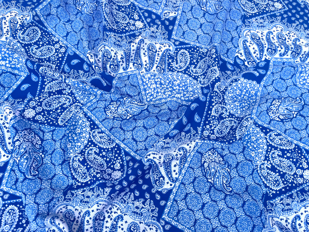 Georgette  Fabric By The Yard - Royal Blue Bandana Paisley Print