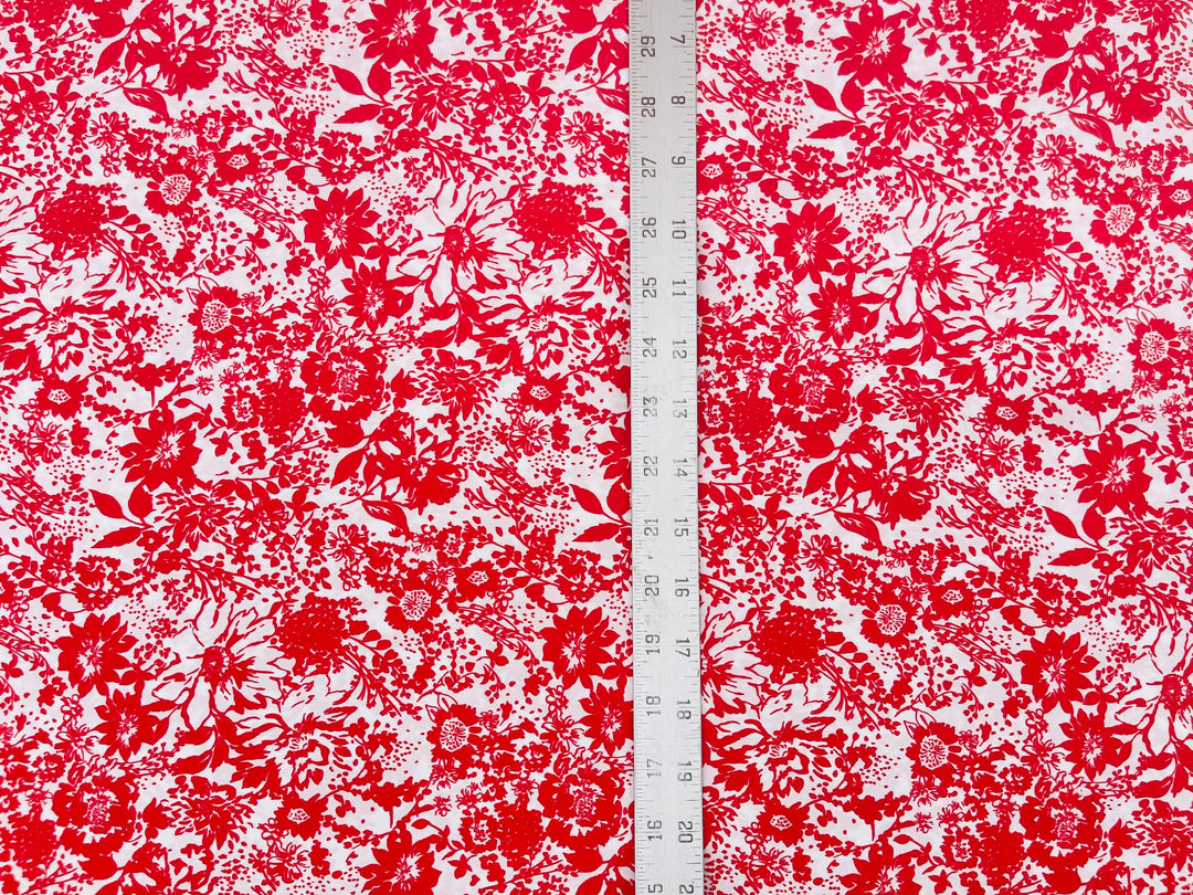 Peachskin  fabric by the yard -   Red and off white  floral  print