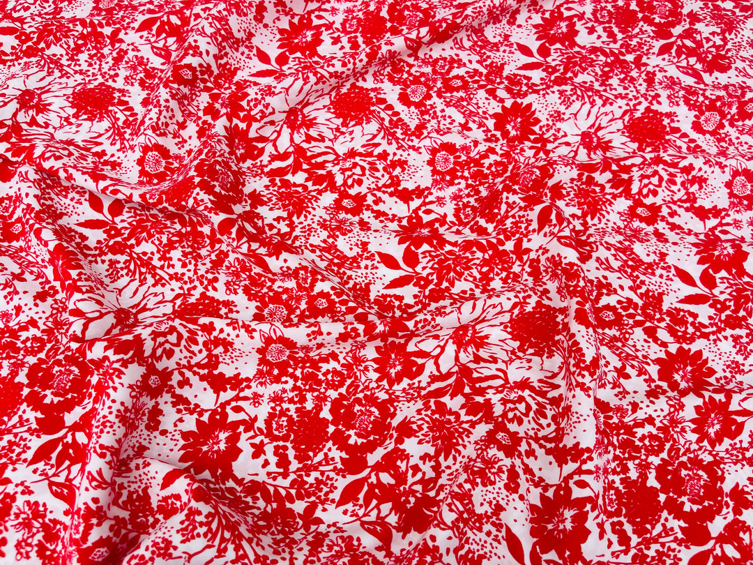 Peachskin  fabric by the yard -   Red and off white  floral  print