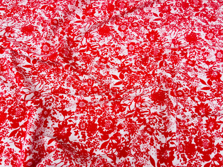 Peachskin  fabric by the yard -   Red and off white  floral  print