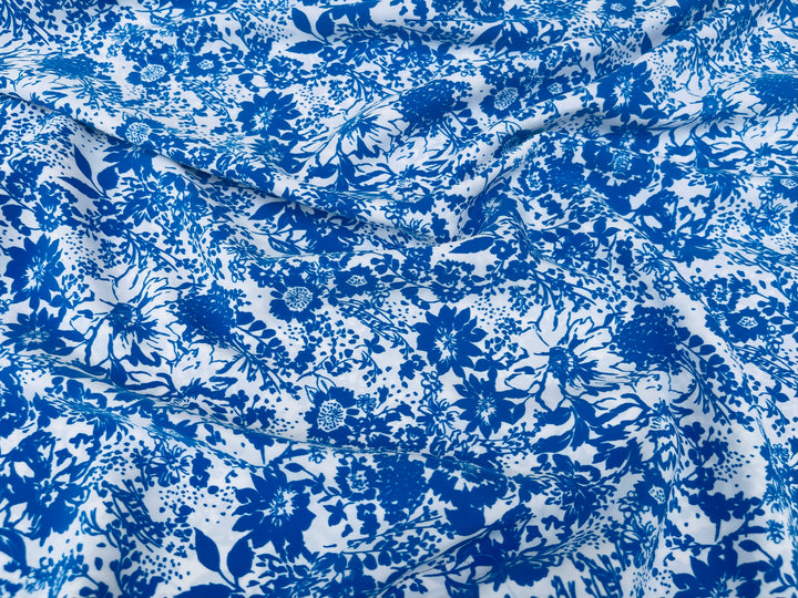Peachskin  fabric by the yard -  Blue  and off white  floral  print