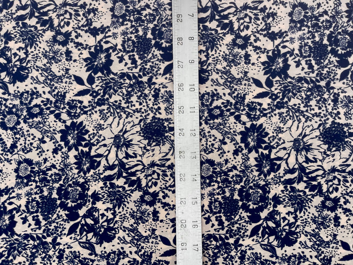 Peachskin  fabric by the yard -  Blue  and taupe   floral  print