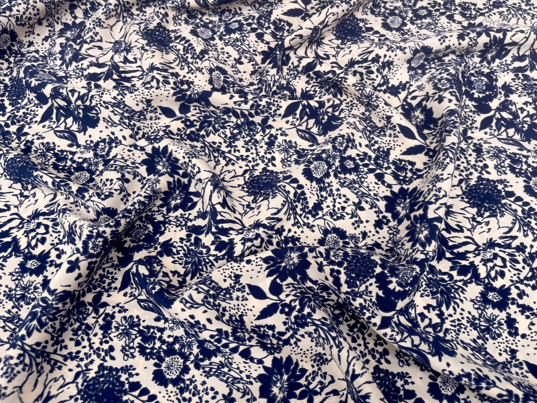 Peachskin  fabric by the yard -  Blue  and taupe   floral  print