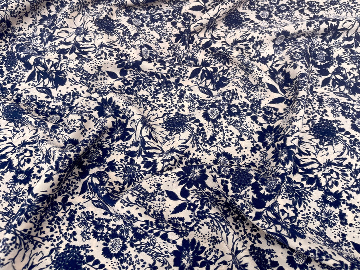 Peachskin  fabric by the yard -  Blue  and taupe   floral  print