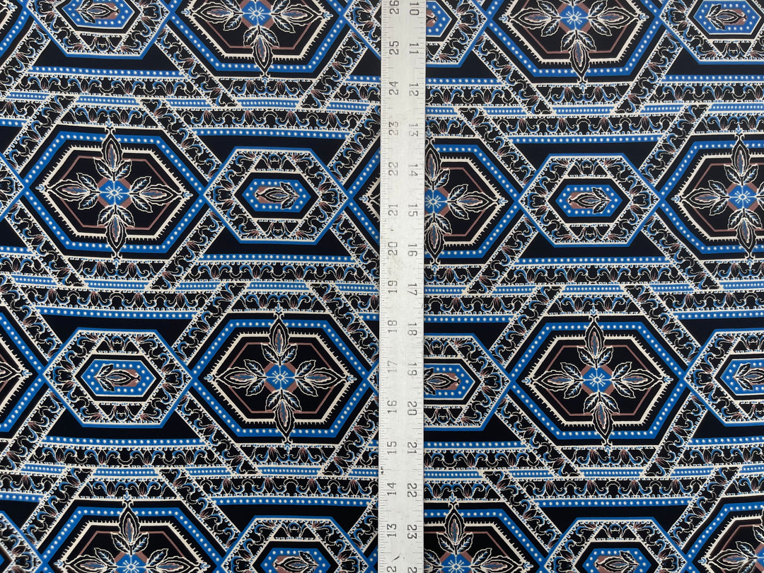 Lightweight  Silky Satin  fabric - Blue Black tile geometric print