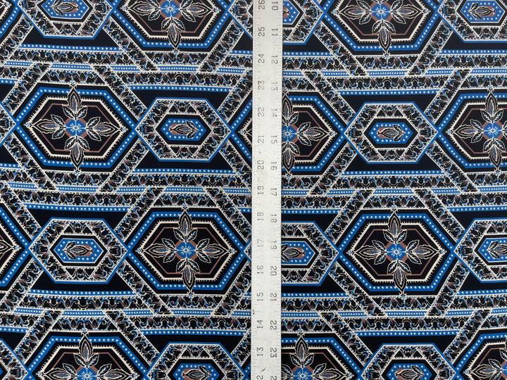 Lightweight  Silky Satin  fabric - Blue Black tile geometric print