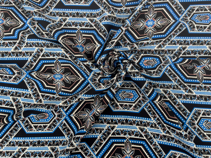 Lightweight  Silky Satin  fabric - Blue Black tile geometric print