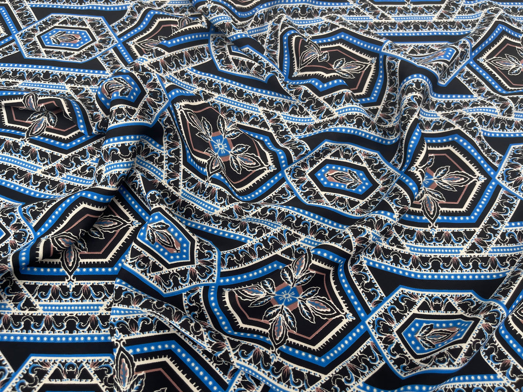 Lightweight  Silky Satin  fabric - Blue Black tile geometric print
