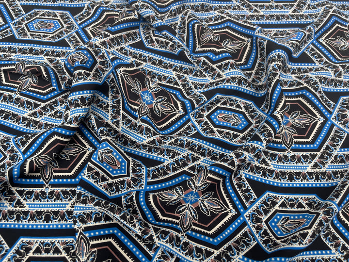 Lightweight  Silky Satin  fabric - Blue Black tile geometric print