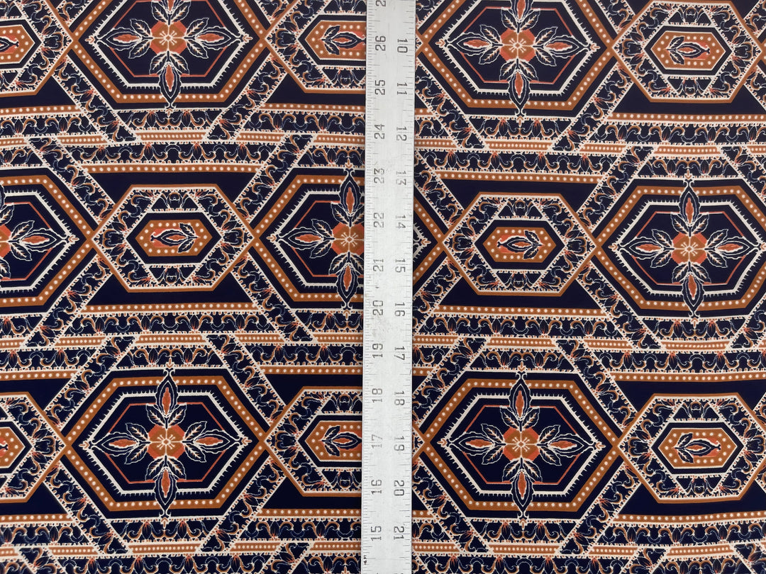 Lightweight  Silky Satin  fabric - Navy Mustard tile geometric print