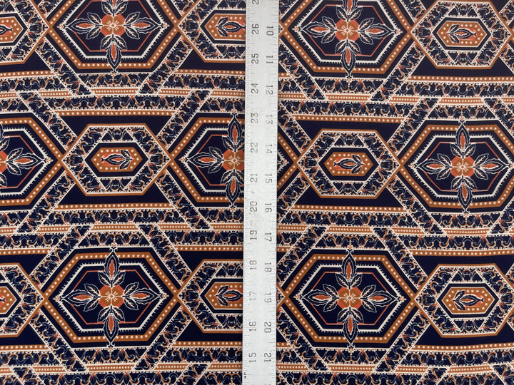 Lightweight  Silky Satin  fabric - Navy Mustard tile geometric print