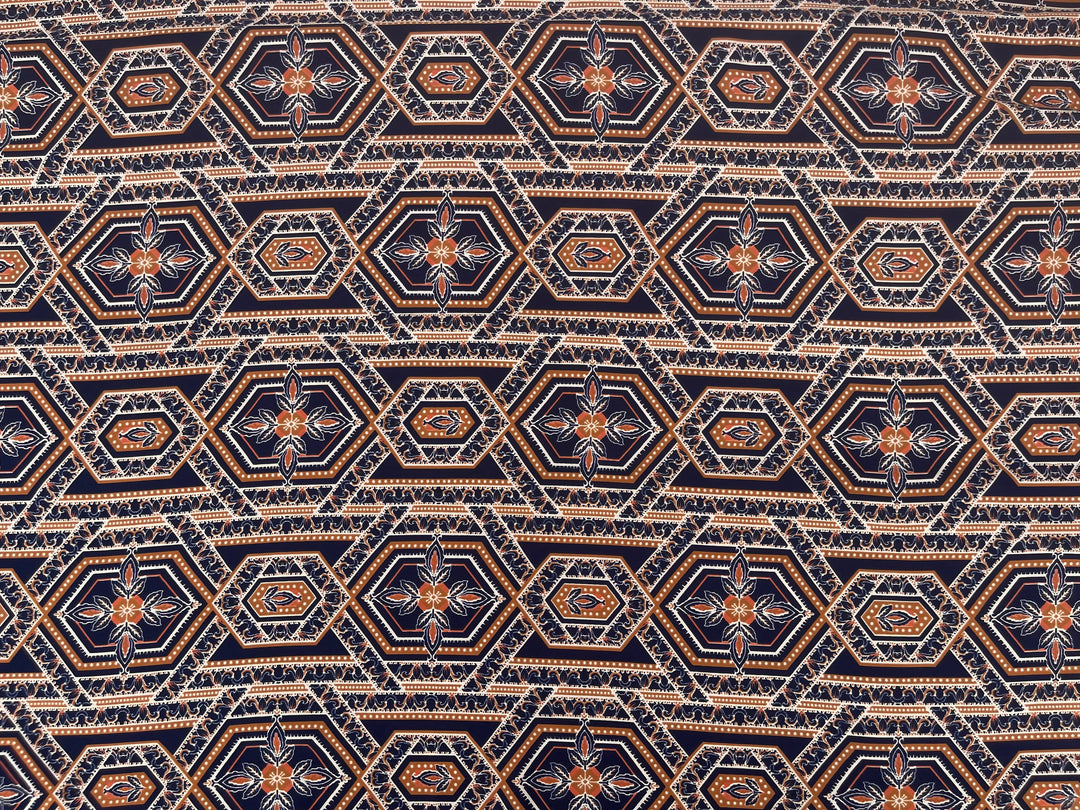 Lightweight  Silky Satin  fabric - Navy Mustard tile geometric print