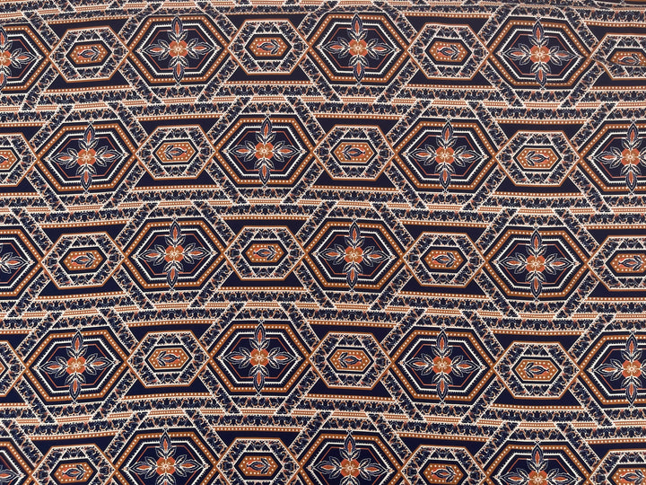 Lightweight  Silky Satin  fabric - Navy Mustard tile geometric print