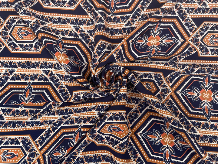 Lightweight  Silky Satin  fabric - Navy Mustard tile geometric print