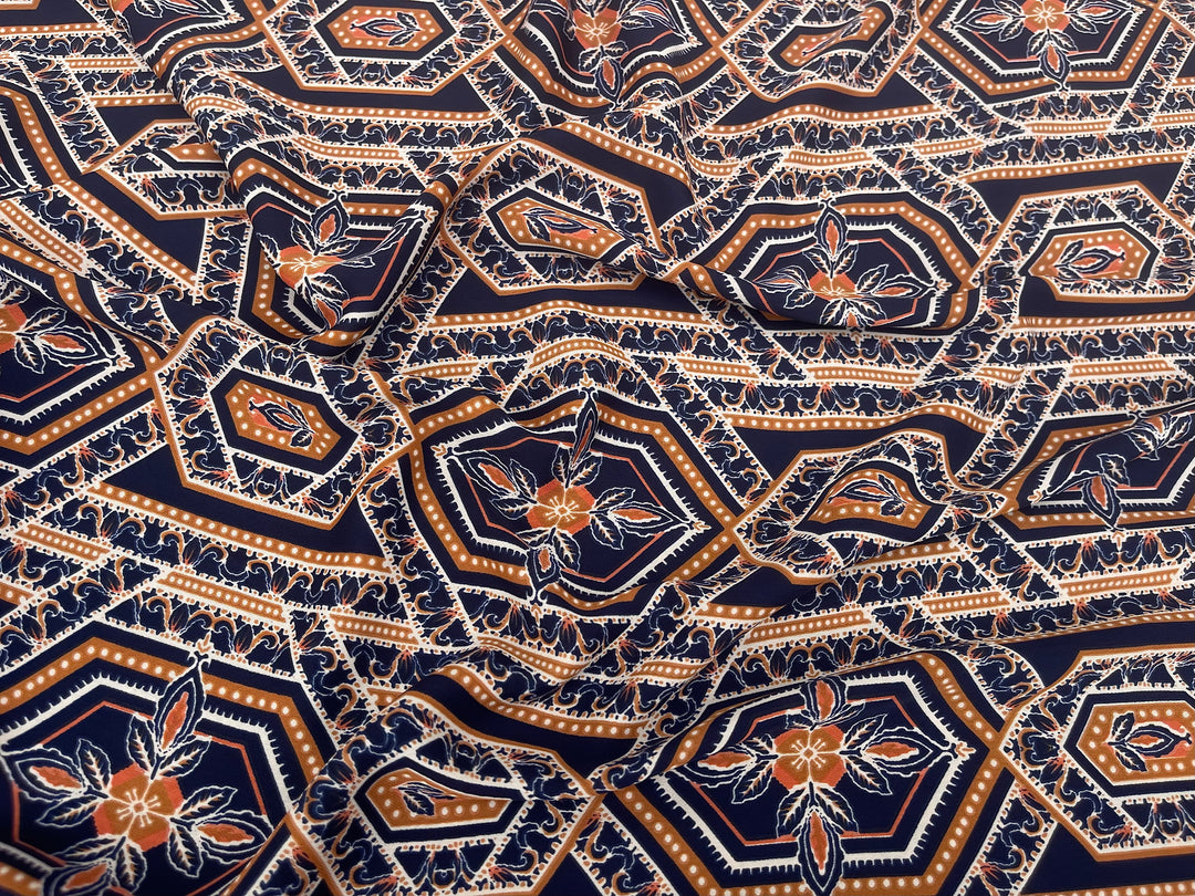 Lightweight  Silky Satin  fabric - Navy Mustard tile geometric print