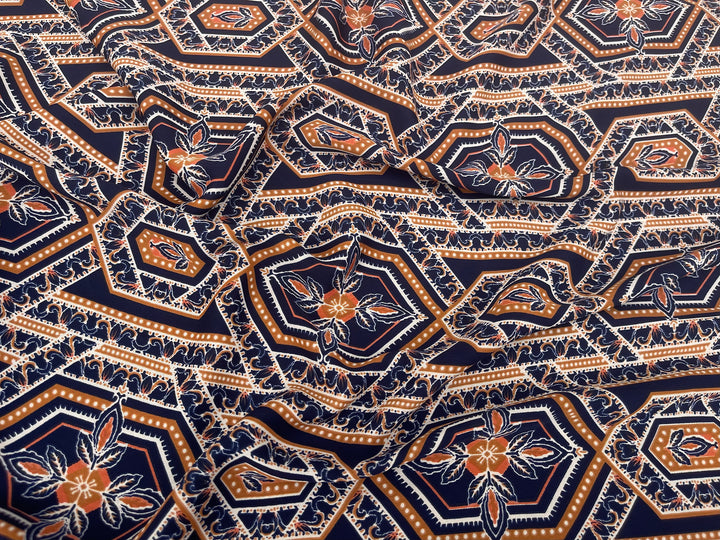 Lightweight  Silky Satin  fabric - Navy Mustard tile geometric print