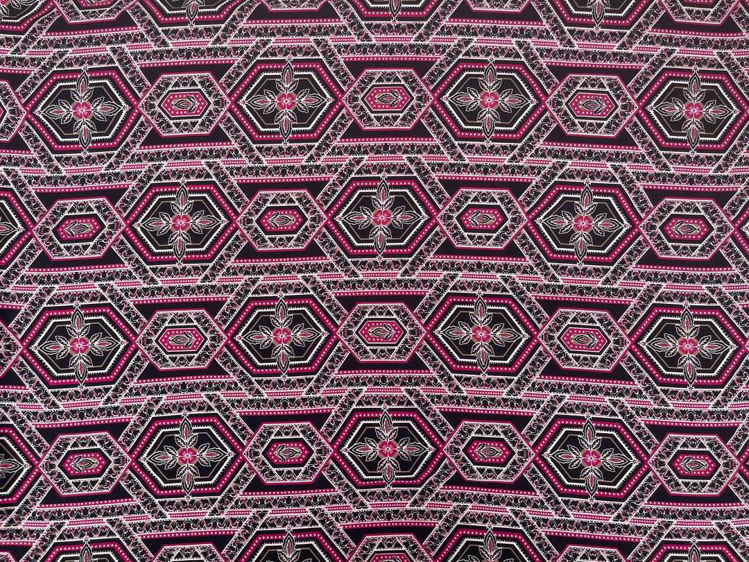 Lightweight  Silky Satin  fabric - Black Pink  tile geometric print
