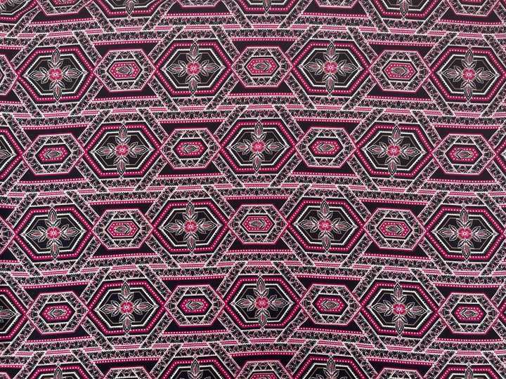 Lightweight  Silky Satin  fabric - Black Pink  tile geometric print