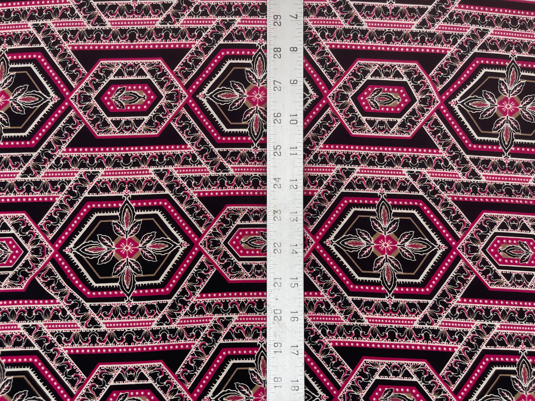 Lightweight  Silky Satin  fabric - Black Pink  tile geometric print