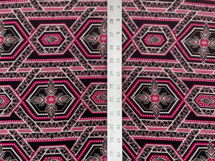 Lightweight  Silky Satin  fabric - Black Pink  tile geometric print
