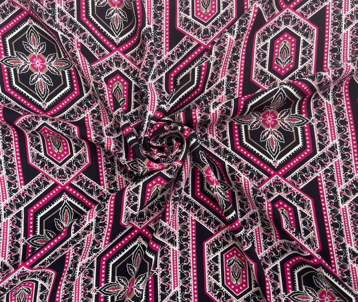 Lightweight  Silky Satin  fabric - Black Pink  tile geometric print