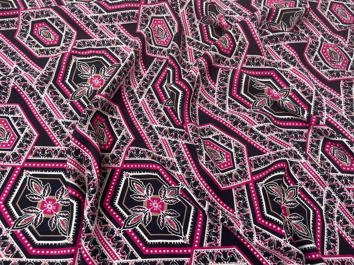 Lightweight  Silky Satin  fabric - Black Pink  tile geometric print