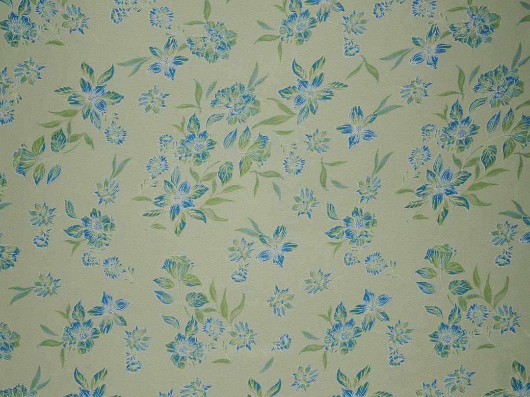 Sage green and blue   floral   print -  silky satin  Lightweight   fabric