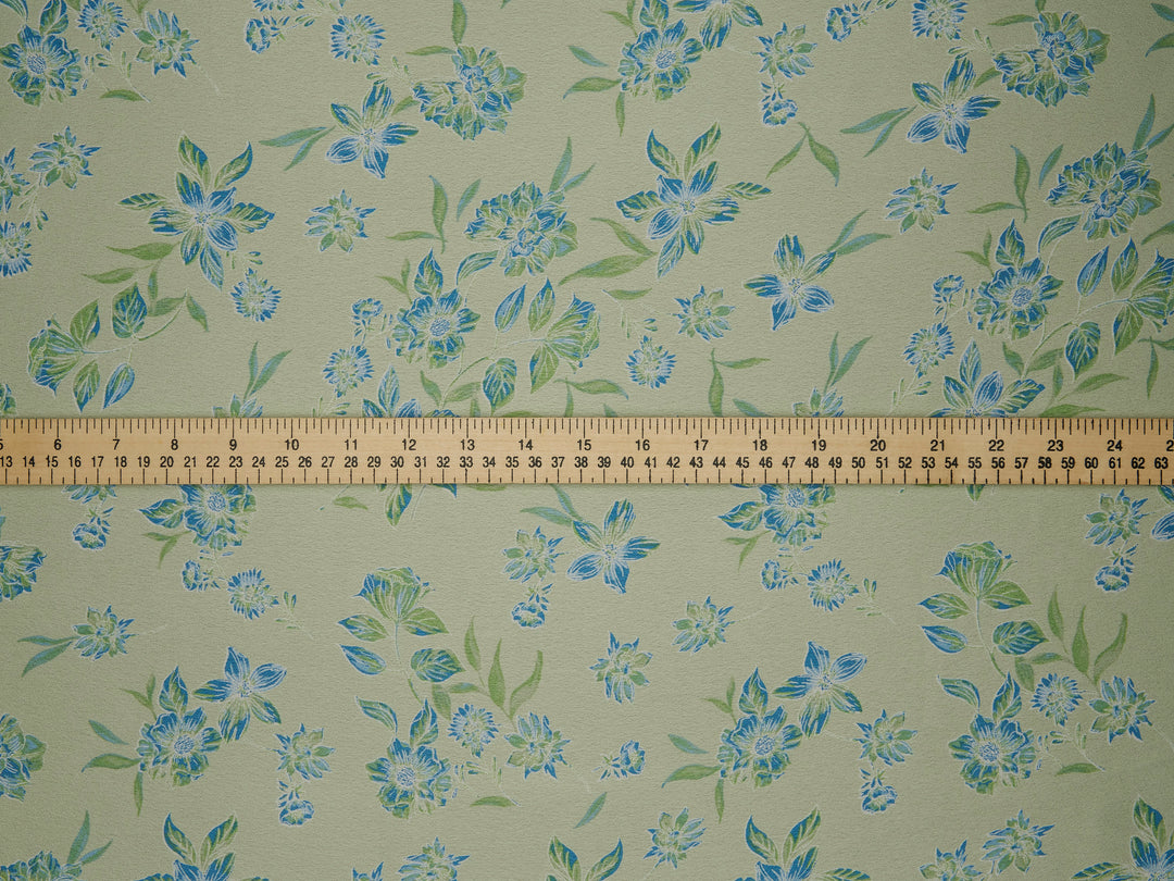 Sage green and blue   floral   print -  silky satin  Lightweight   fabric