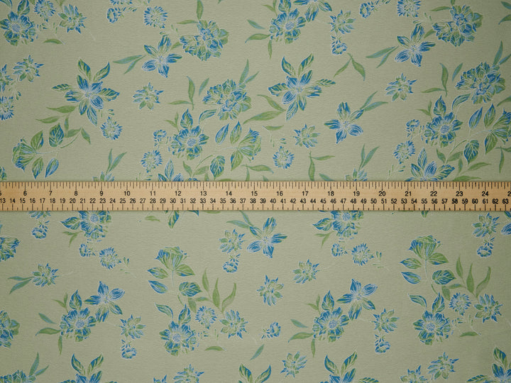 Sage green and blue   floral   print -  silky satin  Lightweight   fabric