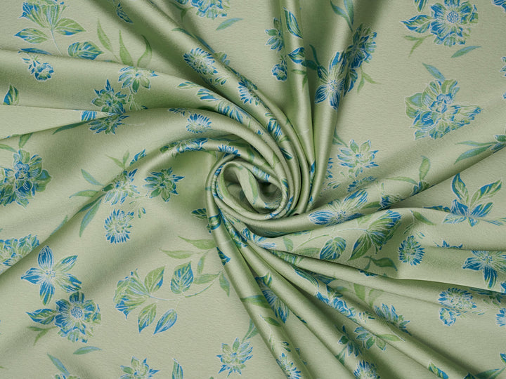 Sage green and blue   floral   print -  silky satin  Lightweight   fabric