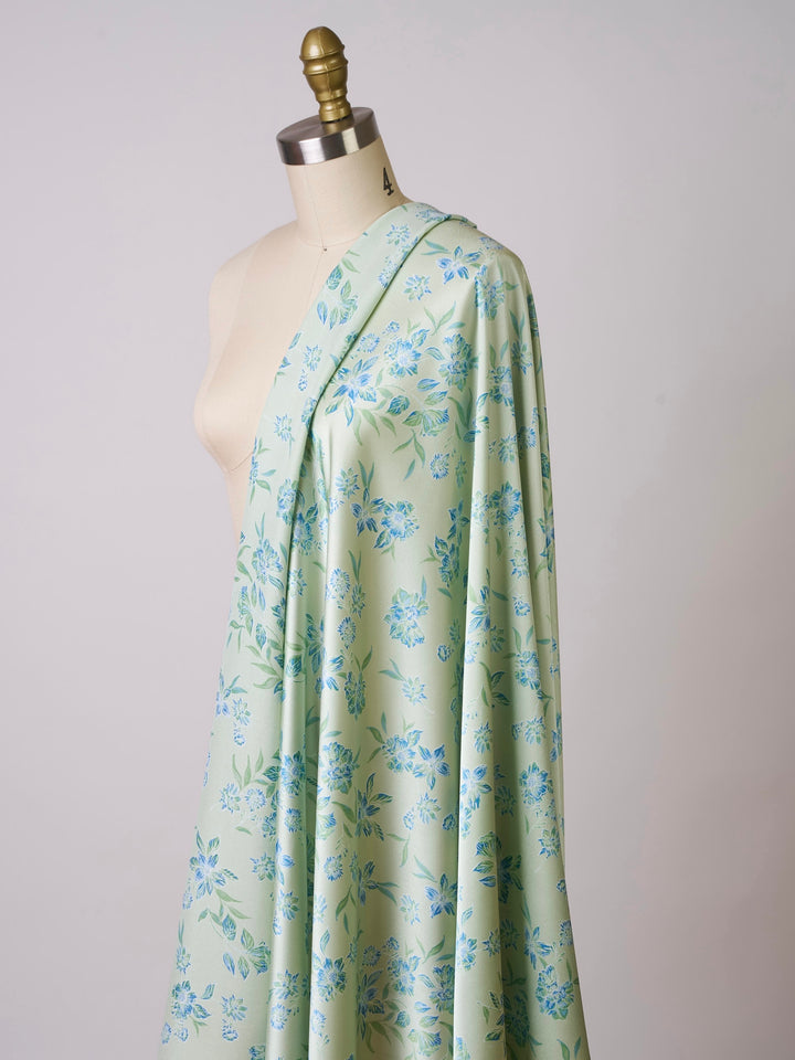 Sage green and blue   floral   print -  silky satin  Lightweight   fabric