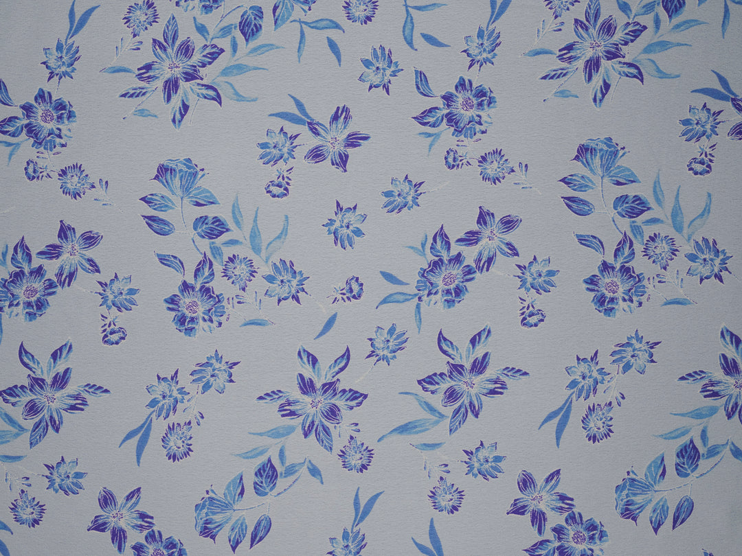 Light blue  and purple   floral   print -  silky satin  Lightweight   fabric