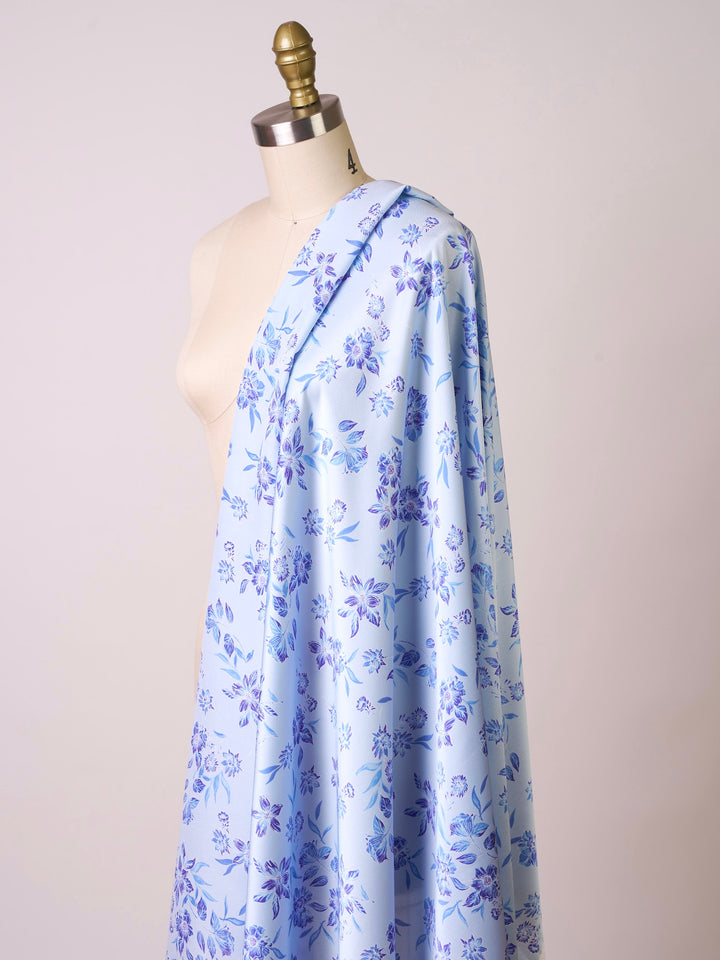 Light blue  and purple   floral   print -  silky satin  Lightweight   fabric