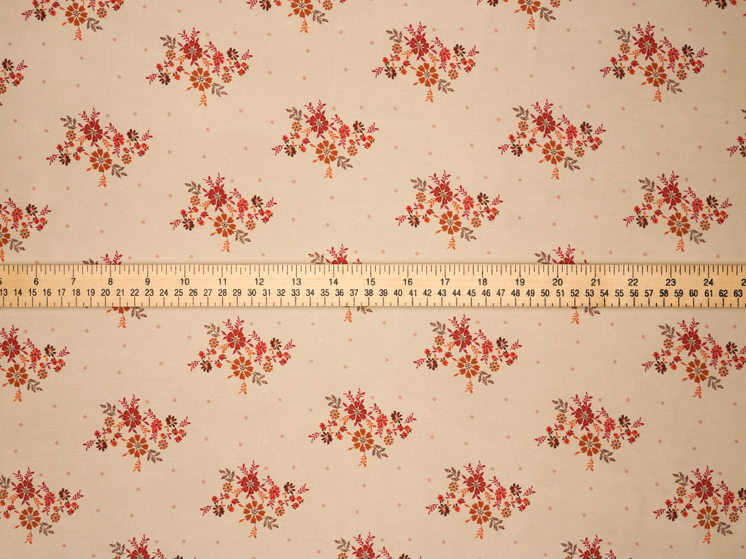 Lightweight  satin  fabric by the yard - Off white rusty orange    floral  and dots  print