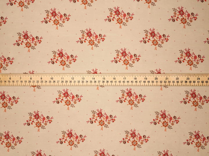 Lightweight  satin  fabric by the yard - Off white rusty orange    floral  and dots  print