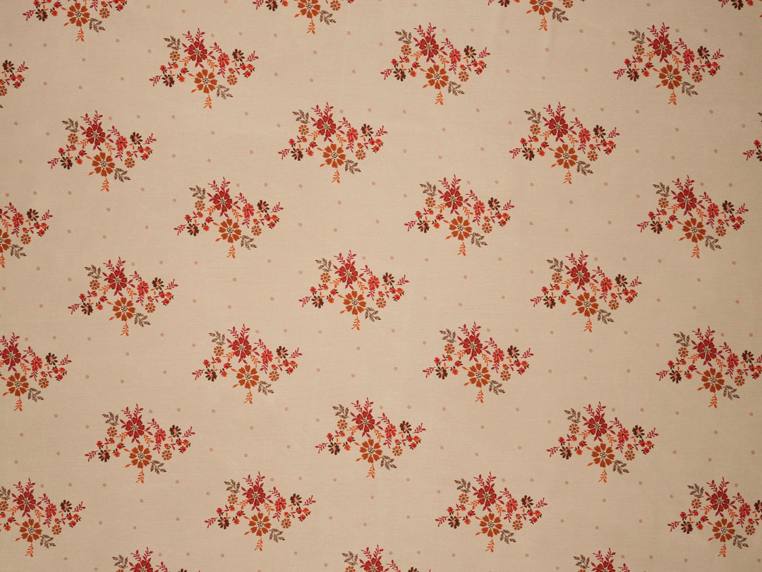 Lightweight  satin  fabric by the yard - Off white rusty orange    floral  and dots  print