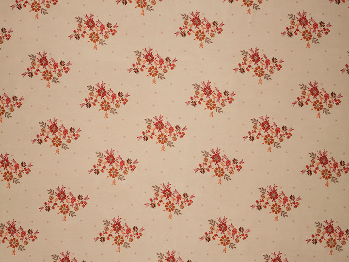 Lightweight  satin  fabric by the yard - Off white rusty orange    floral  and dots  print
