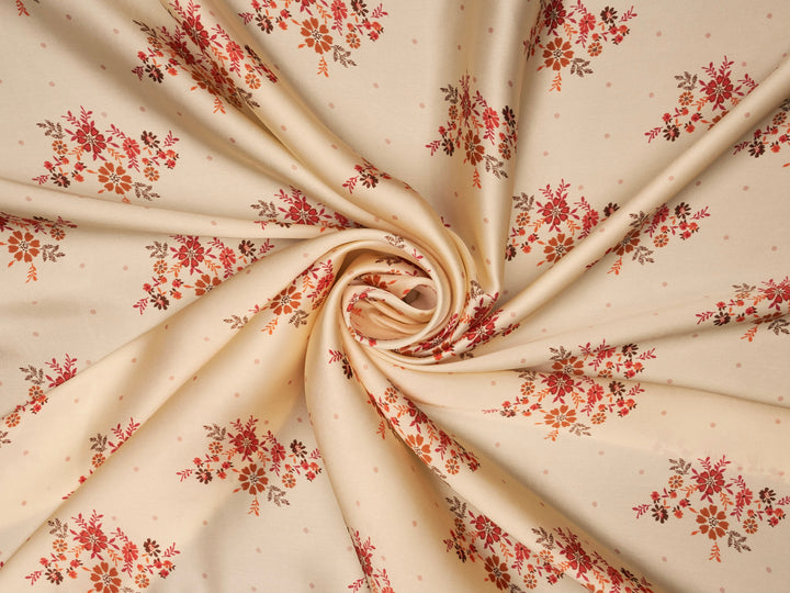 Lightweight  satin  fabric by the yard - Off white rusty orange    floral  and dots  print
