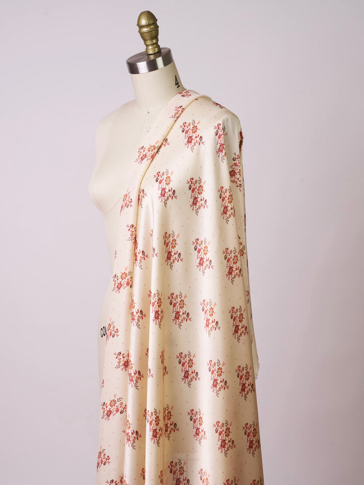 Lightweight  satin  fabric by the yard - Off white rusty orange    floral  and dots  print