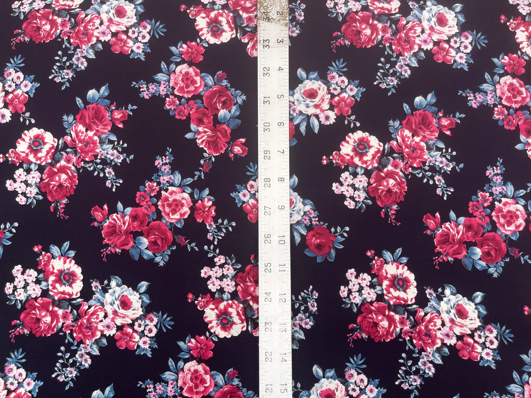 Red Silver Roses On Black Floral Print  -  silky satin  Lightweight   fabric