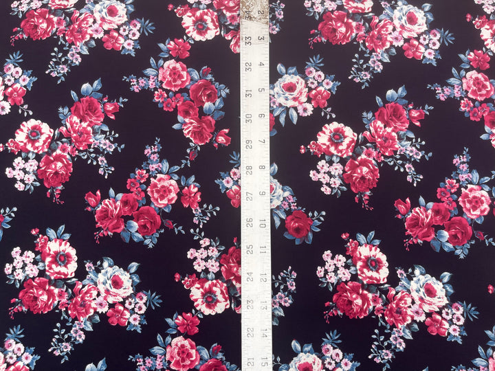 Red Silver Roses On Black Floral Print  -  silky satin  Lightweight   fabric