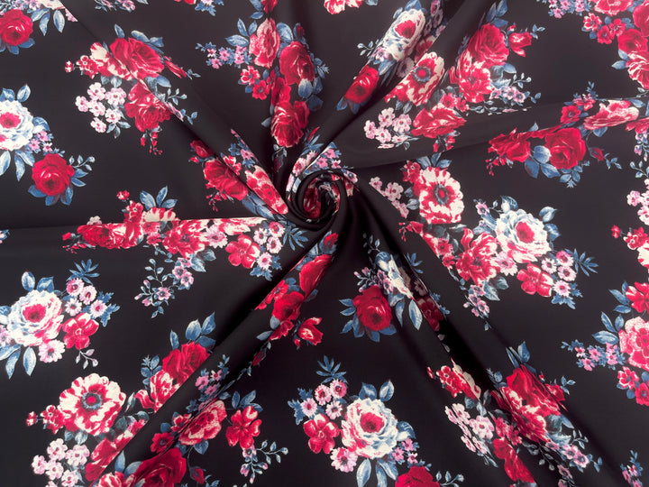 Red Silver Roses On Black Floral Print  -  silky satin  Lightweight   fabric