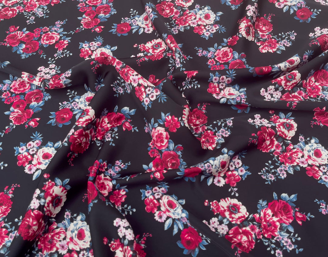 Red Silver Roses On Black Floral Print  -  silky satin  Lightweight   fabric