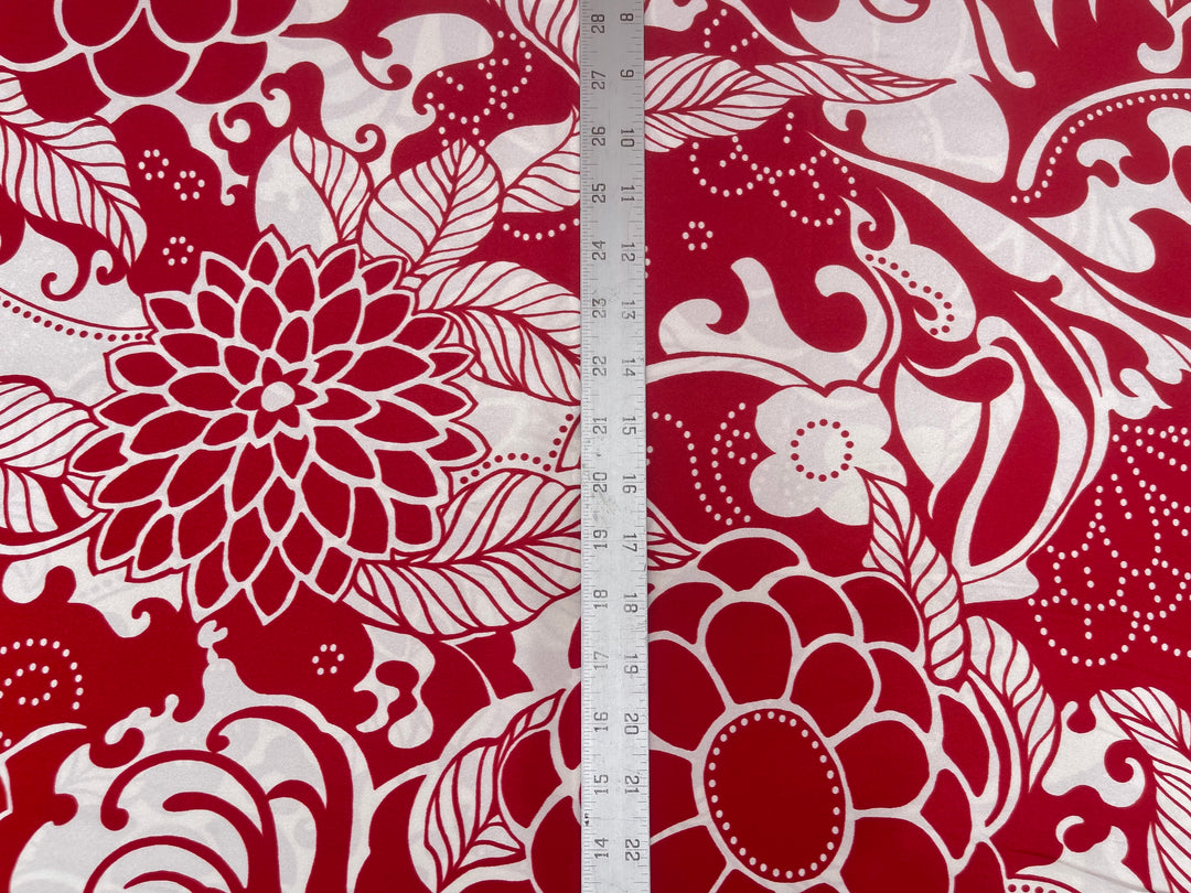Satin  charmeuse fabric by the yard - Red and off White Floral Print