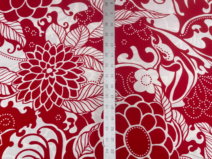 Satin  charmeuse fabric by the yard - Red and off White Floral Print