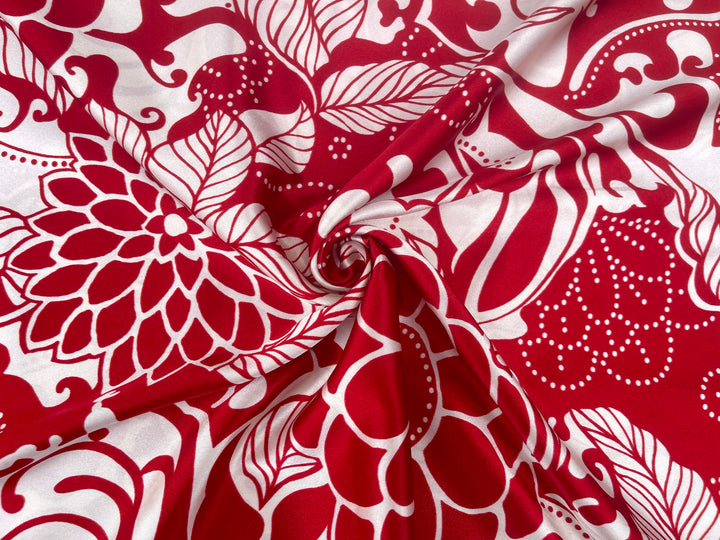 Satin  charmeuse fabric by the yard - Red and off White Floral Print