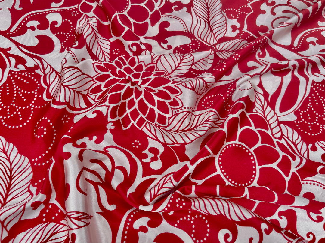 Satin  charmeuse fabric by the yard - Red and off White Floral Print