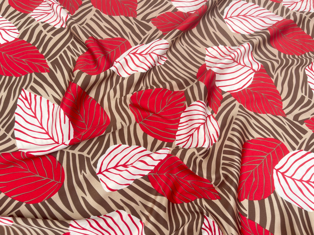 Satin  charmeuse fabric by the yard - Red Brown  Floral Print